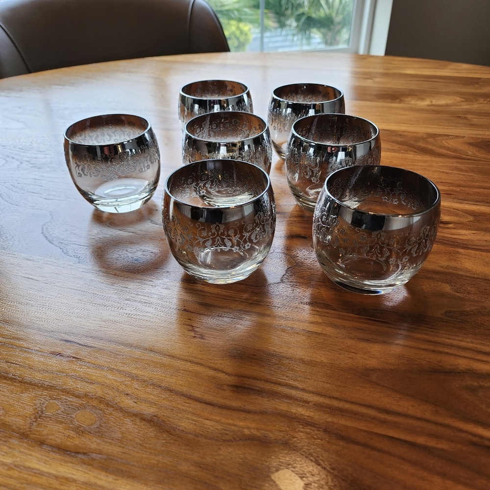 Vtg Vitreon Queens Lusterware Roly Poly Silver Fade Embossed Glassware Set of 7